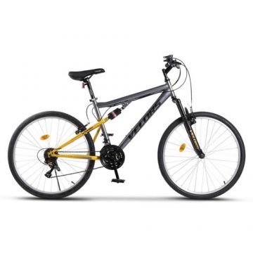 Bicicleta MTB-FS Velors Thunder V26305B 26inch, Schimbator spate Sunrun 7 viteze, Manete schimbator Rotative 21 viteze, Cadru full-suspension otel, Roti 26 inch, Frane V-Brake, Gri/Galben