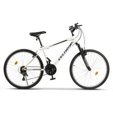 Bicicleta MTB Velors Rockstar V26204B 26inch, Schimbator spate Sunrun 7 viteze, Manete schimbator Rotative 21 viteze, Cadru Otel, Roti 26 inch, Frane V-Brake, Alb/Negru