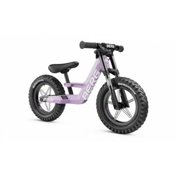 Bicicleta copii fara pedale Berg Biky Cross mov 12 inch, cu frana de mana, anvelope pneumatice, scaun reglabil pe inaltime, varsta 2,5-5 ani, inaltime utilizator 90-120 cm, greutate maxima utilizator 30 kg