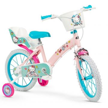 Bicicleta fetite Toimsa Hello Kitty 16 inch, cu roti ajutatoare si cosulet, de la 5 ani, inaltimea recomandata 110-120 cm, cos frontal si scaun pentru papusa, frana de mana pe ambele roti