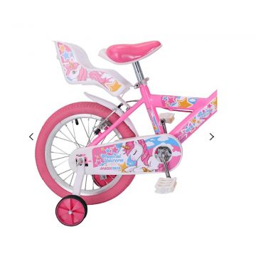 Bicicleta pentru copii 16 inch Magik Bikes cu cosulet 2 frane de mana si roti ajutatoare Magical Unicorn