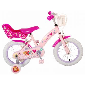 Bicicleta, Volare, Paw Patrol, Cu pedale, Cu roti ajutatoare, 14 inch, Cu cosulet frontal, Cu scaunel pentru papusa, 4 ani+, Alb/Roz