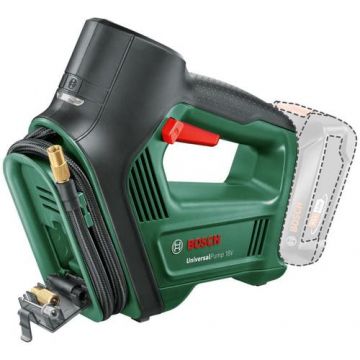 Mini compresor pneumatica pe acumulator Bosch Universal Pump 0603947100, 18 V, 10.30 bar, 150 psi, 1030 Kpa, 30 l/min volum maxim, supapa Presta, ac pentru minge, adaptor volum, fara acumulator/incarcator