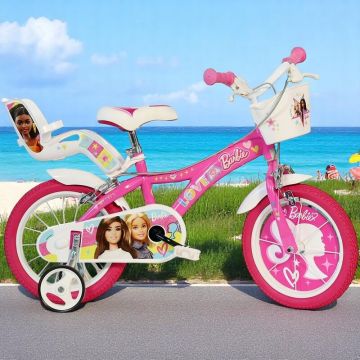 Bicicleta copii, Dino Bikes, Barbie, Roti ajutatoare, Cosulet frontal, Scaunel pentru papusi, 16 inch, Cadru din otel, Pana la 125 cm, Pink