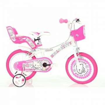 Bicicleta copii, Dino Bikes, Hello Kitty, Roti ajutatoare, Cosulet frontal, Scaunel pentru papusi, 16 inch, Cadru din otel, Pana la 125 cm, White