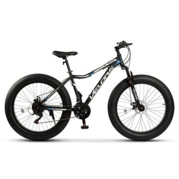 Bicicleta Fat-Bike Velors Mars V2605G 26inchSchimbator Shimano Tourney 7 Viteze, Roti 26x4.0 Inch, Frane pe Disc Mecanice, Manete Rotative Carpat 21 viteze, Negru/Albastru