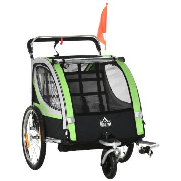 HOMCOM Fahrradanhänger 2 în 1 pentru 2 copii, funcție de împingere, protecție împotriva ploii, frână, Verde | Aosom Romania