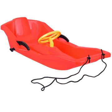 Sanie din plastic pentru copii rosie, din plastic, cu volan, frana dublu-laterala si sfoara pentru tractiune si ghidare, dimensiune 100 x 51 x 22 cm