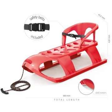 Sanie pentru copii Bezzy Rosie cu scaun ergonomic, sina alunecare din otel, 87x45x26 cm