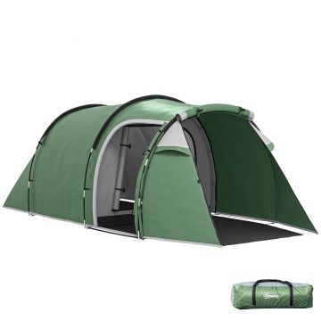 Cort Camping 4 Persoane Outsunny, Impermeabil, Usi cu fermoar 426x206x154cm Verde Inchis | Aosom Romania