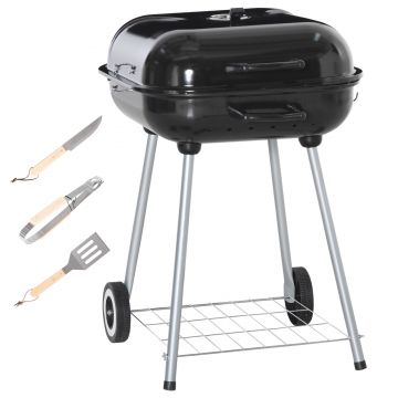 Outsunny Barbecue cu cărbune BBQ cu 2 roți, ustensile, capac și raft dim. 56L x 62l x 82H cm, metal emailat negru | Aosom Romania