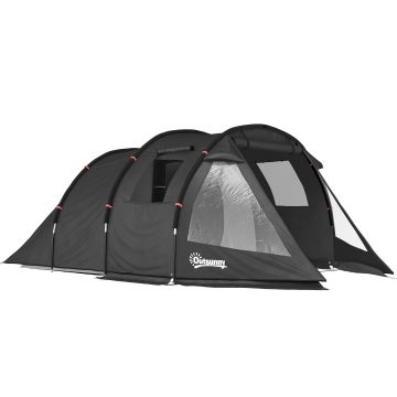 Outsunny Cort Tunel pentru 3-4 Persoane, Cort de Camping cu Doua Camere, cu Ferestre si Obloane, Geanta de Transport Portabila, pentru Pescuit, Drumetii, Sport, Festival, Negru | Aosom Romania