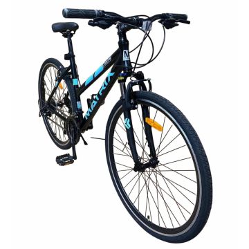 Bicicleta 700c hibrid 28 inch, munte, oras, 21 viteze shimano, v-brake, cadru aluminiu, suspensii pe furca,  roti cu elemente reflectorizante, cric inclus