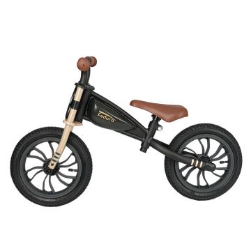 Bicicleta copii fara pedale QPlay Feduro Negru-Auriu Balance bike, roti 12 inch gonflabile, sa ajustabila din piele ecologica, varsta 3-6 ani