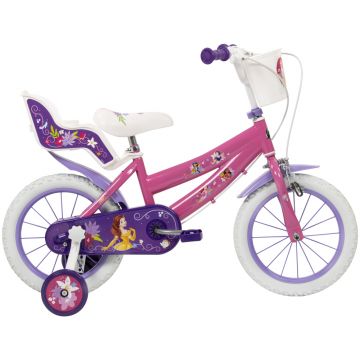 Bicicleta copii Huffy Disney Princess 24414W, 14 inch, roti ajutatoare si cosulet, pentru copii cu varsta intre 4 si 6 ani sau cu inaltimea pana la 110 cm, frana de mana pe ambele roti, anvelope cu profil gros, scaun reglabil