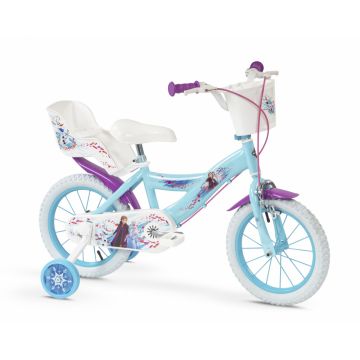 Bicicleta copii Huffy Frozen II 14 inch, roti ajutatoare si cosulet, pentru copii cu varsta intre 4 si 6 ani sau cu inaltimea pana la 110 cm, frana de mana pe ambele roti, anvelope cu profil gros, scaun reglabil
