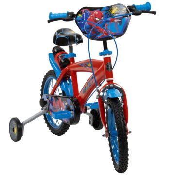 Bicicleta copii Huffy Spiderman 24944W, 14 inch, cu roti ajutatoare si sticluta de apa cu suport, varsta 4-6 ani, inaltimea 105-117 cm, scaun si ghidon reglabile pe inaltime, anvelope cu profil gros