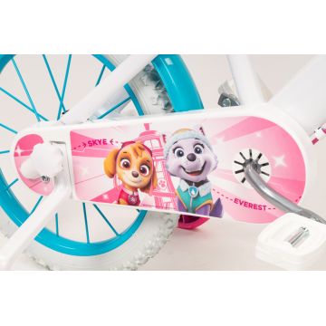 Bicicleta copii Toimsa Paw Patrol Girl 16 inch, cu cosulet frontal si scaunel pentru papusi, de la 5 ani, inaltimea recomandata 110-120 cm, scaun si ghidon reglabile, roti ajutatoare detasabile