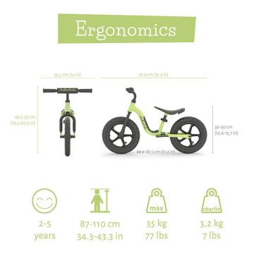 Bicicleta de echilibru Chillafish Charlie Sport Pistachio 12 inch reglabila, ghidon din spuma, suport picioare, greutate admisa 35 kg