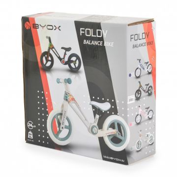 Bicicleta de echilibru fara pedale pentru copii Byox Foldy Blue, Design pliabil, Roti 12 inch din PU rezistent, Sezut ergonomic reglabil, Manere confortabile antiderapante, Varsta recomandata 2ani+