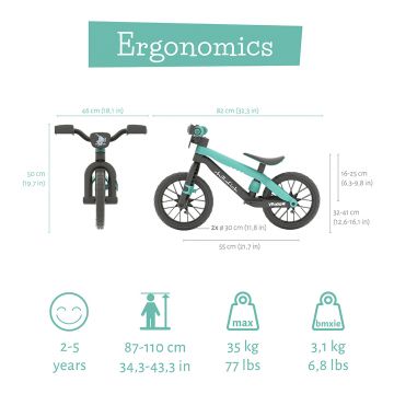 Bicicleta fara pedale Chillafish BMXie Vroom Mint, 12 inch, suport pentru picioare integrat, varsta 2-5 ani, scaun reglabil, anvelope EVA, greutate admisa 35 kg