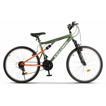 Bicicleta MTB-FS Velors Thunder V26205B VerdePortocaliu, roti 26 inch, schimbator spate Sunrun 7 viteze, Manete schimbator Rotative 21 viteze, cadru full-suspension otel, frane V-Brake