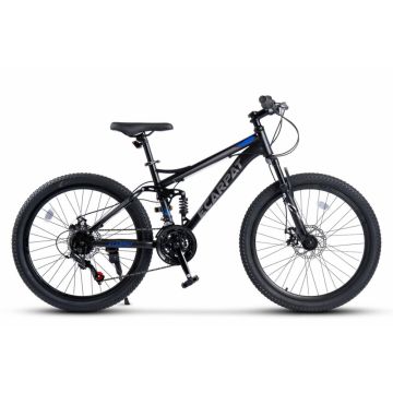 Bicicleta MTB Full-Suspension E-Carpat E2460A NegruGriAlbastru, roti 24 inch, inaltime utilizator 130-150 cm, greutate suportata 100 kg