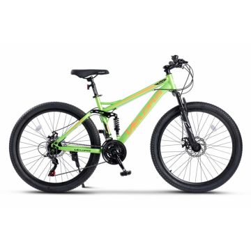 Bicicleta MTB-Full Suspension Velors Earth 2.6 V2660G VerdePortocaliu, roti 26 inch, inaltime utilizator 150-165cm, greutate suportata 100 kg