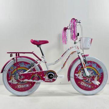 Bicicleta pentru copii Belderia Dora Alb 8-12 ani, roti 20 inch, roti ajutatoare si frane V-Brake, cosulet si portbagaj