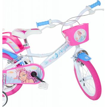 Bicicleta pentru copii Dino Bikes Alyssa Roz Alb 3-6 ani, roti 14 inch, roti ajutatoare, aparatori pentru lant si roti, cosulet pentru papusi si accesorii