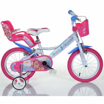 Bicicleta pentru copii Dino Bikes Alyssa Roz Alb 3-6 ani, roti 14 inch, roti ajutatoare, aparatori pentru lant si roti, cosulet pentru papusi si accesorii