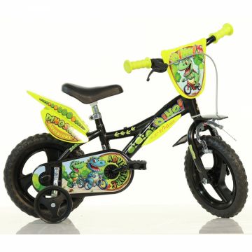 Bicicleta pentru copii Dino Bikes Dinosaur Adventure 2-4 ani, roti 12 inch, roti ajutatoare, aparatori pentru lant si roti