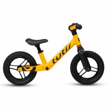 Bicicleta pentru copii fara pedale Tutis Galben 12 inch cu sezut reglabil si suport picioare, recomandata copiilor cu o inaltime de 90-115 cm, scaun reglabil pe inaltime