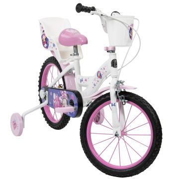 Bicicleta pentru copii Huffy Minnie 16 inch, cu roti ajutatoare si cosulet, frana de mana pe ambele roti, scaun si ghidon reglabile pe inaltime, scaun pentru papusa in spate, varsta 4-6 ani