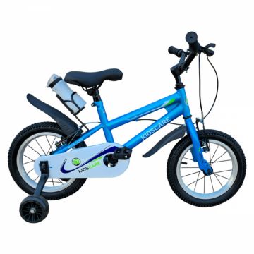 Bicicleta pentru copii KidsCare HappyBoy Albastra 14 inch cu roti ajutatoare, frane de mana, sticla inclusa, 3-6 ani