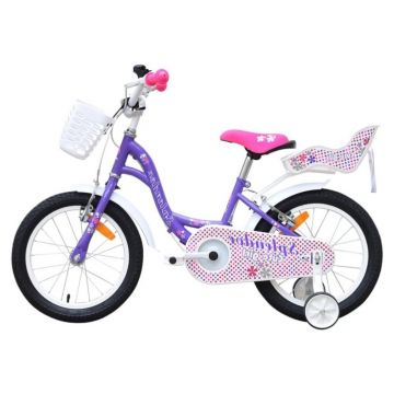 Bicicleta pentru copii Novokids SplendOr Boom PRO Edition Mov, Cosulet pentru papusi, Roti 18 inch, Greutate admisa 50 kg, Cadru din otel, Roti ajutatoare detasabile, Ghidon reglabil pe inaltime