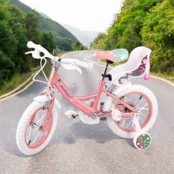 Bicicleta pentru copii Procart Unicorn Roz 12 inch, roti ajutatoare, scaun papusi, cadru otel, frane v-brake