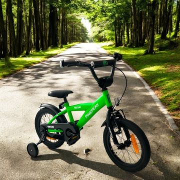 Bicicleta pentru copii Procart Verde 14 inch, roti ajutatoare detasabile, cadru otel 21.5 cm, manere cauciucate, ghidonsa reglabile