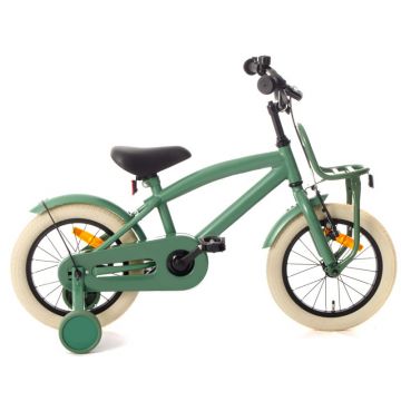 Bicicleta pentru copii Procart Verde 14 inch, roti ajutatoare, scaun reglabil, cadru otel, frane v-brake, suport fata, jante aluminiu