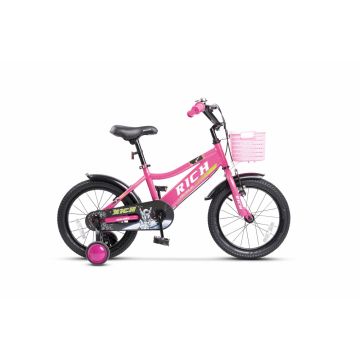 Bicicleta pentru copii Rich Bike R1405A RozAlb, roti 14 inch, frana fata V-Brake, frana spate tambur, roti ajutatoare, greutate utilizator 40 kg