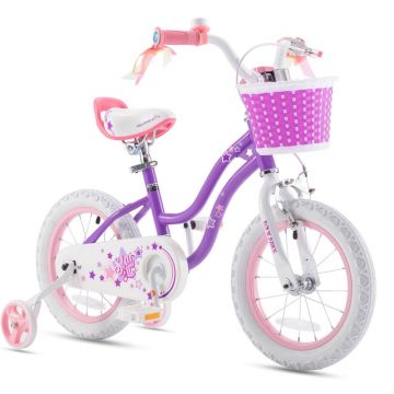 Bicicleta pentru copii Royal Baby StarGirl Mov cu roti ajutatoare, ghidon reglabil, cosulet, varsta 3-5 ani, roti 14 inch, cadru din otel, greutate suportata 50 kg
