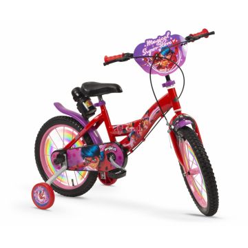 Bicicleta pentru copii Toimsa Miraculous Violet 16 inch cu roti ajutatoare, suport si sticla de apa, frana pe janta fata, frana cu tambur spate, ghidon reglabil pe inaltime, inaltime copil recomandata 110-120 cm