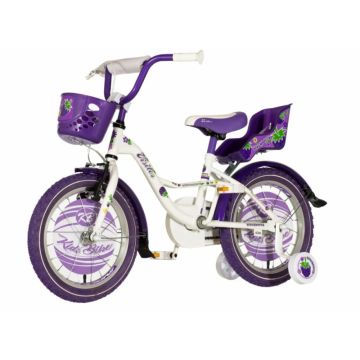 Bicicleta pentru copii Visitor Mov Blackberry, roti 16 inch, roti ajutatoare, scaun papusi, cos frontal, manere cauciucate