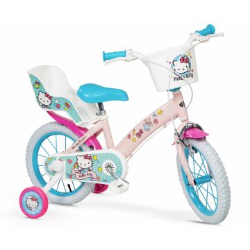 Bicicleta pentru fetite Toimsa Hello Kitty 14 inch cu roti ajutatoare, 2 cosulete, frana de mana pe ambele roti, scaun si ghidon reglabile pe inaltime