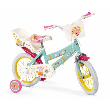 Bicicleta pentru fetite Toimsa Peppa Pig Green 14 inch cu roti ajutatoare, 2 cosulete, frana de mana pe ambele roti, scaun si ghidon reglabile pe inaltime