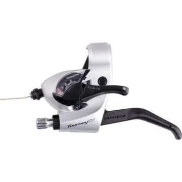 Maneta schimbator frana Shimano Tourney ST-TX800-L, montaj stanga, 3 viteze, cablu 1800mm, 2 degete, pentru V-Brake, culoare argintiu