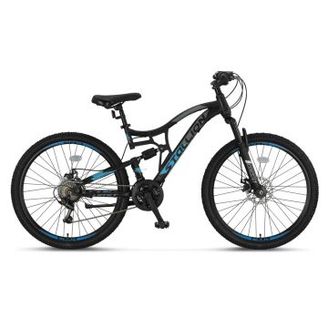 Bicicleta MTB Umit Stallion 2D, Full Suspension, SHM, 21 viteze, roata 26  , cadru otel, negru albastru