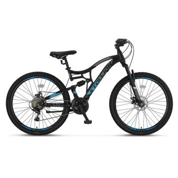Bicicleta MTB Umit Stallion 2D, Full Suspension, SHM, 21 viteze, roata 29  , cadru otel, negru albastru