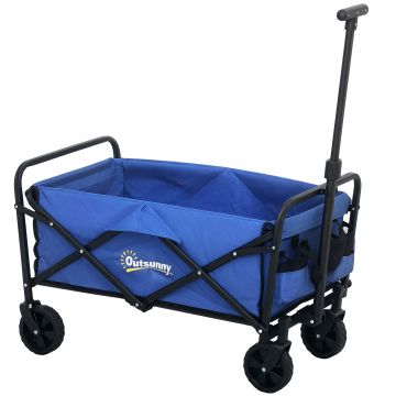 Outsunny Trolley de 62L pentru Festivaluri pe Roți, Cărucior de Grădină Pliabil, Wagon Compact cu Capacitate 120kg, Mâner Reglabil și Geantă pentru Plajă, Camping, Festivaluri, Albastru | Aosom Romania