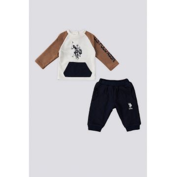 Trening cu imprimeu logo si detalii contrastante - Alb/Negru/Maro